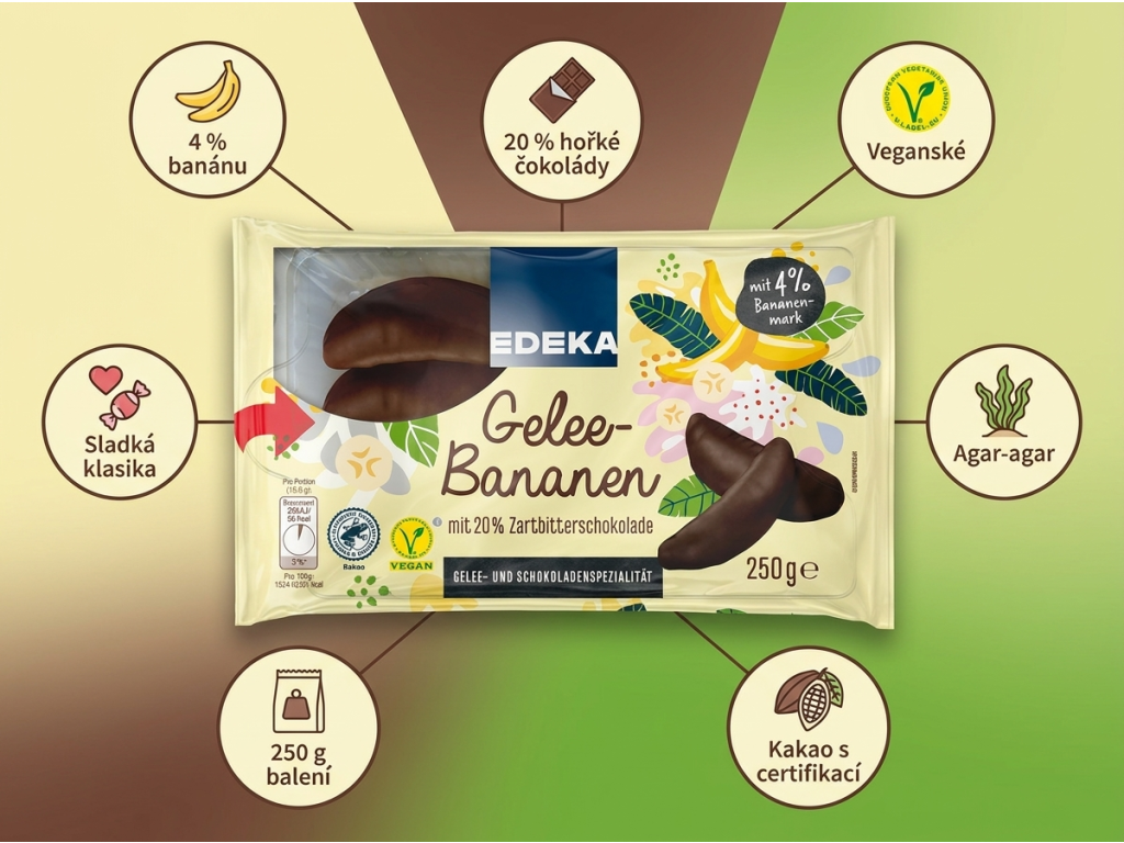Edeka Banánky v želé obalované v hořké čokoládě 250g - hlavní výhody