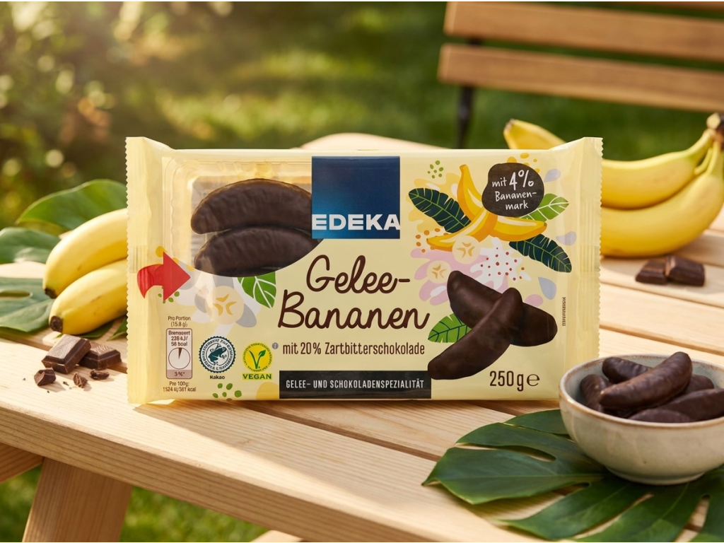 Edeka Banánky v želé obalované v hořké čokoládě 250g - servírování s banánem a čokoládou