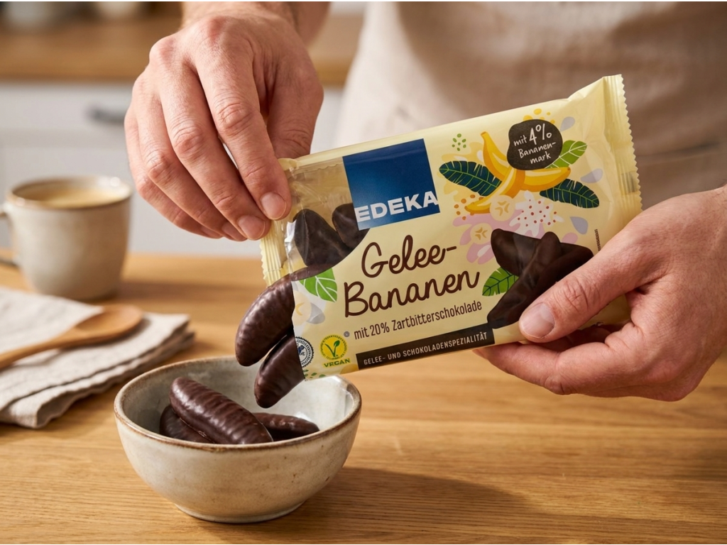 Edeka Banánky v želé obalované v hořké čokoládě 250g - podávání do misky