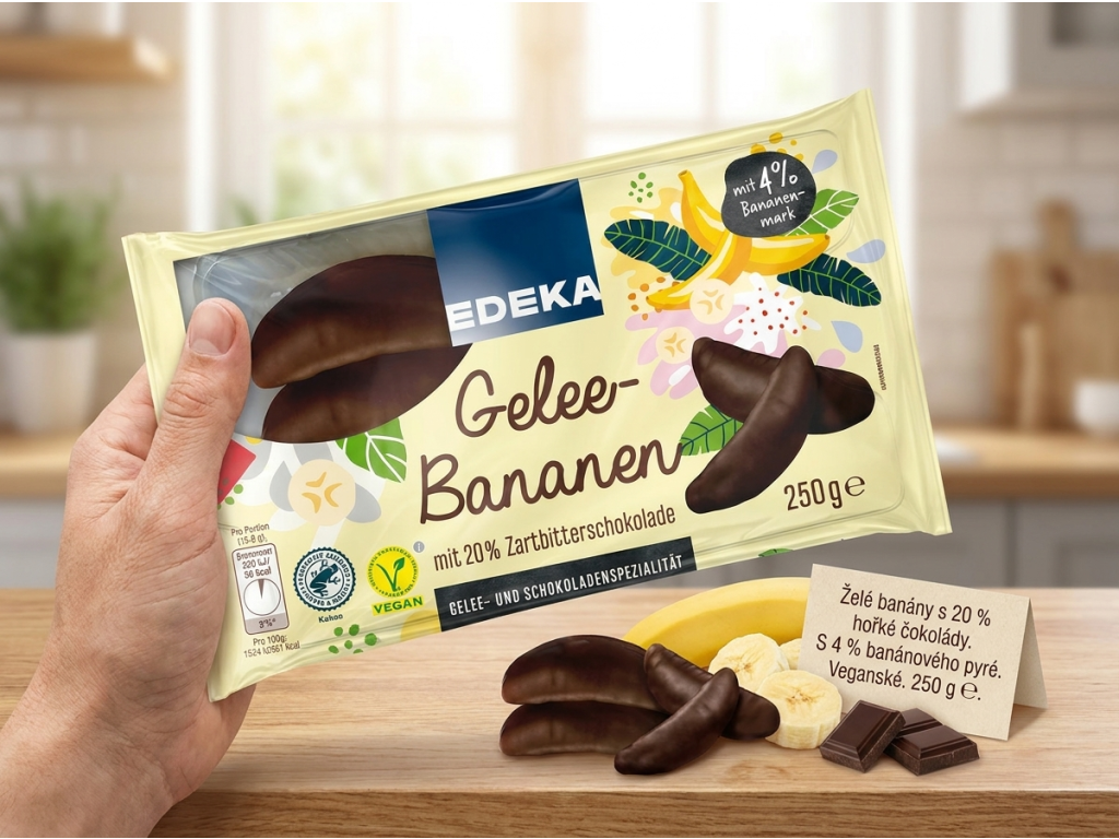 Edeka Banánky v želé obalované v hořké čokoládě 250g - balení v ruce