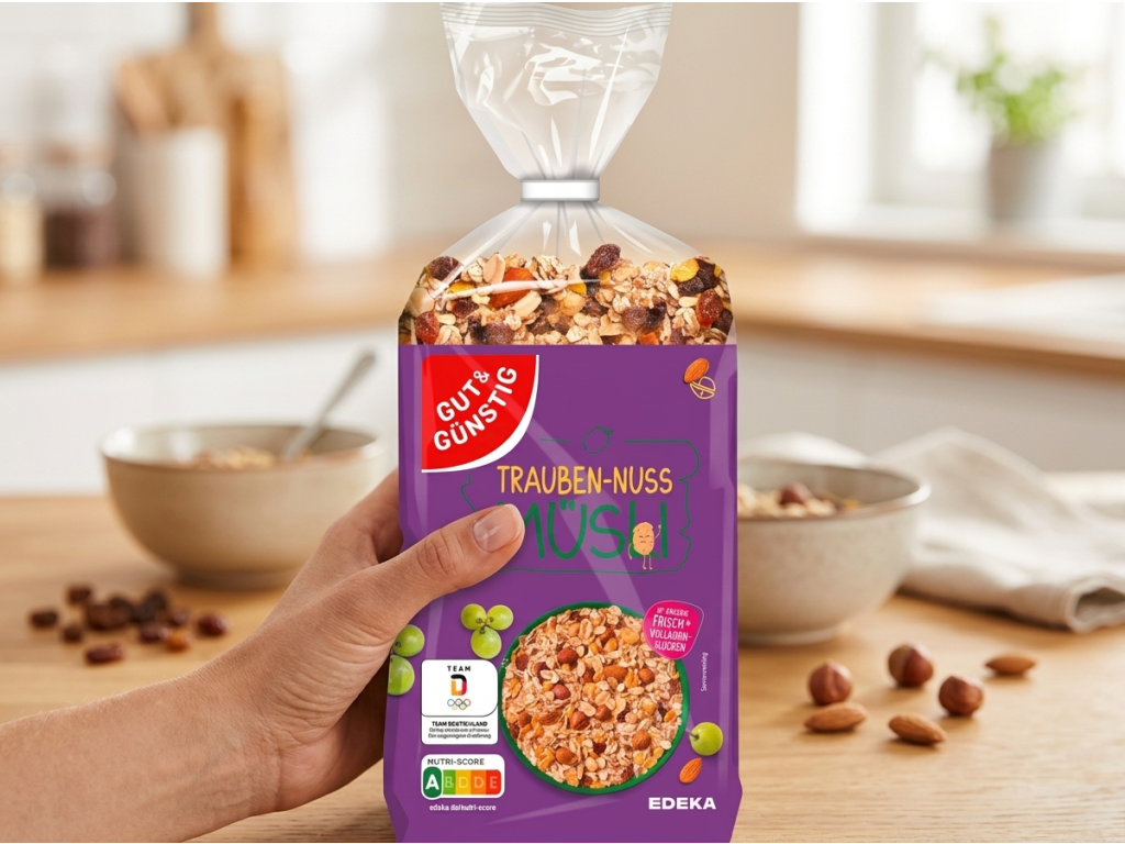 G&G oříškové müsli s rozinkami v ruce