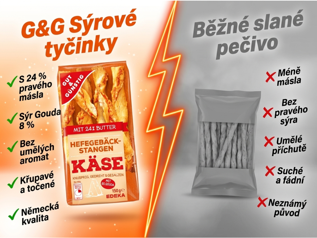 G&G Sýrové tyčinky vs. běžné slané pečivo