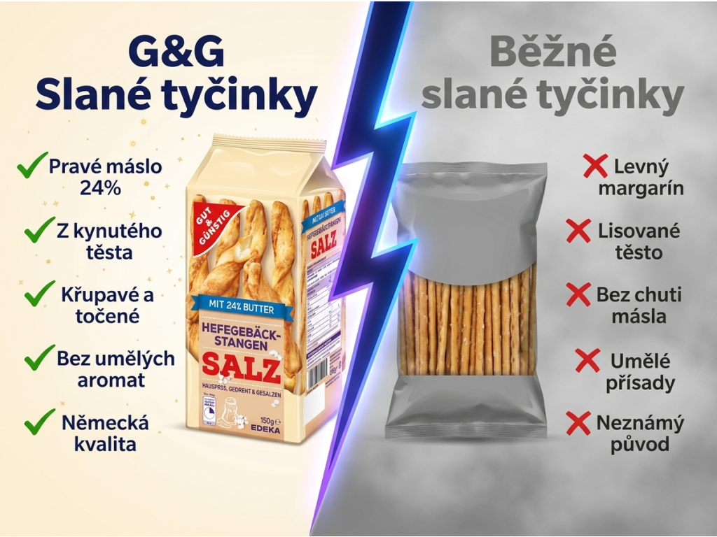 G&G Slané tyčinky z kynutého těsta - srovnání s běžnými tyčinkami