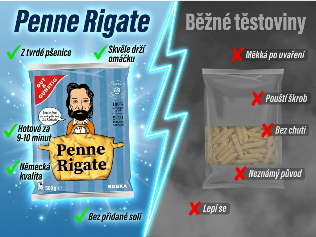 Srovnání G&G Penne Rigate 500 g s běžnými těstovinami