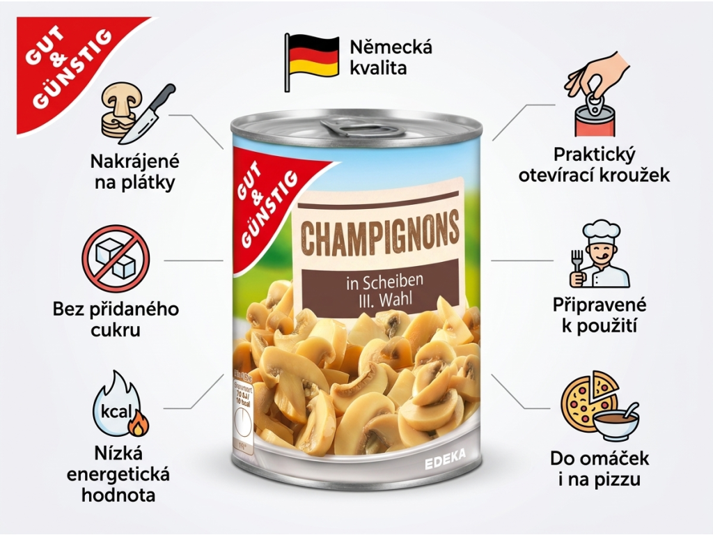 G&G Žampiony plátky 290g - infografika výhod