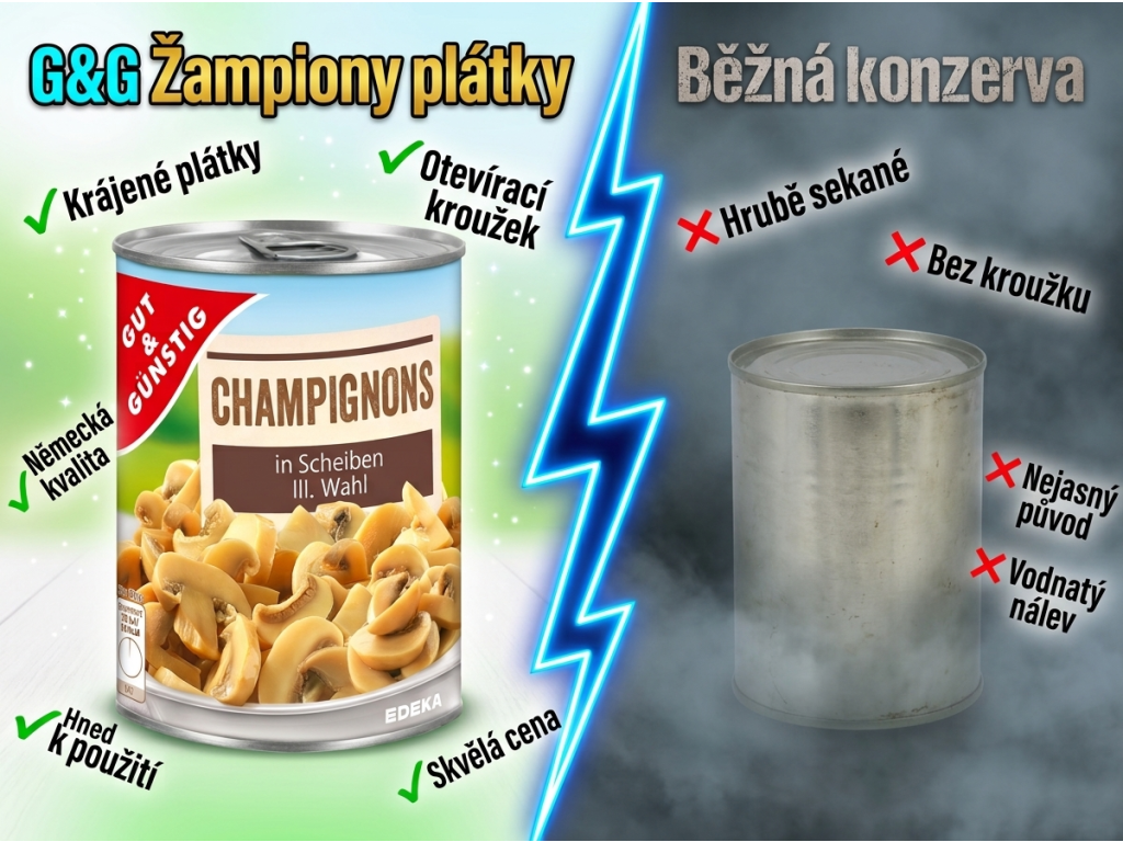 G&G Žampiony plátky vs běžná konzerva - srovnání