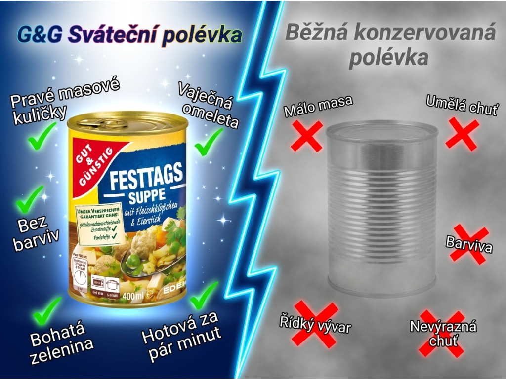 Srovnání G&G Sváteční polévky s běžnou konzervovanou polévkou