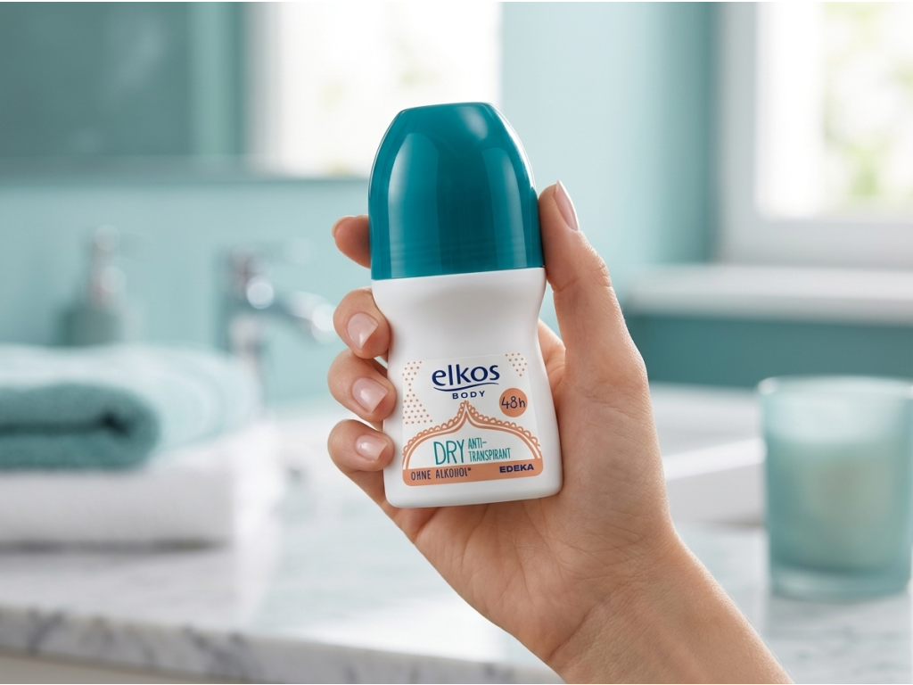 Elkos Dry kuličkový antiperspirant držený v ruce