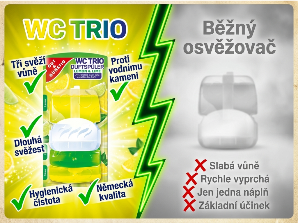Srovnání G&G WC TRIO Lemon & Lime s běžným osvěžovačem
