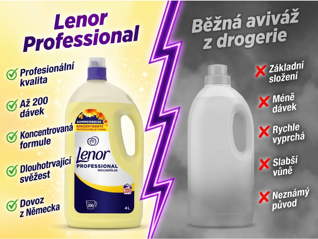 Lenor Professional aviváž Sommerbrise 4 l - srovnání s běžnou aviváží