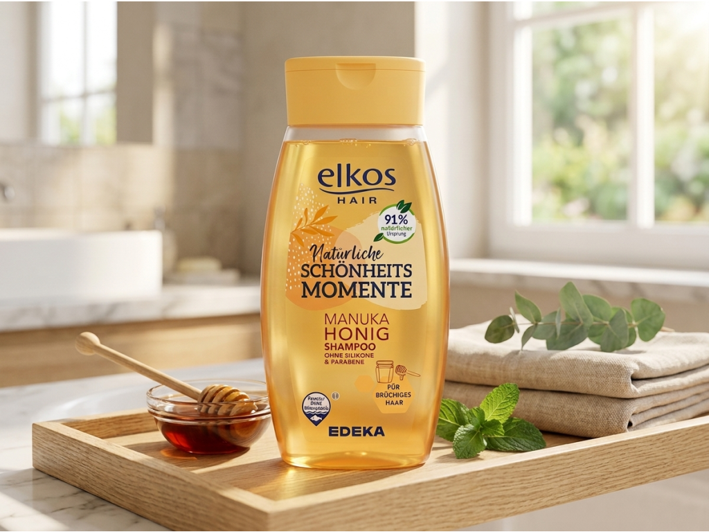 Elkos Premium šampon s manukovým medem v koupelně