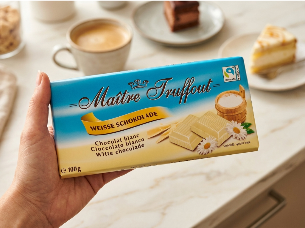 Maitre Truffout bílá čokoláda v ruce