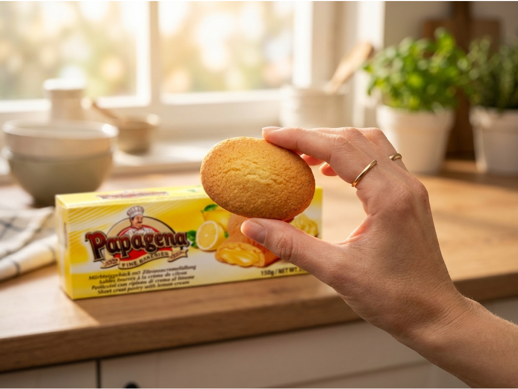 Papagena Piškoty s citronovou náplní v ruce
