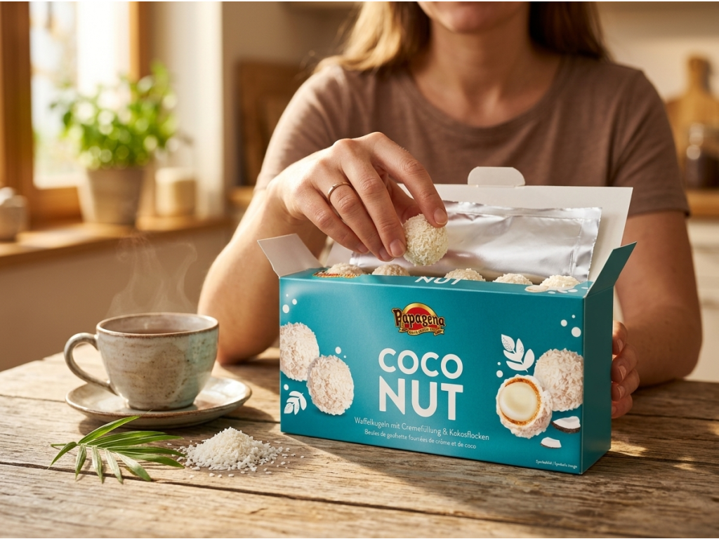 Žena si pochutnává na Papagena Coconut kuličkách