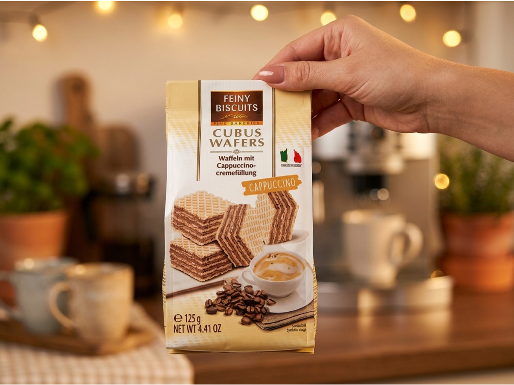 Feiny Biscuits Cappuccino oplatky 125 g - v ruce