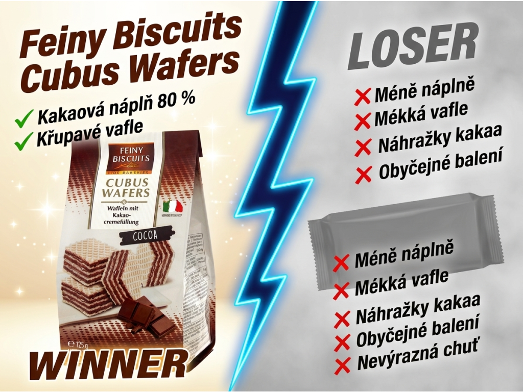 Biscuits vaflové oplatky s kakaovo-krémovou náplní 125 g - srovnání s běžnými oplatkami