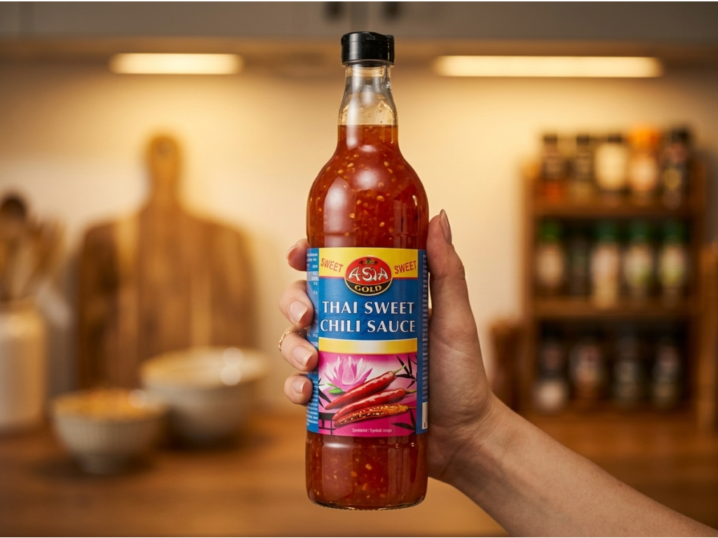 Asia Gold thajská sladká chilli omáčka v ruce