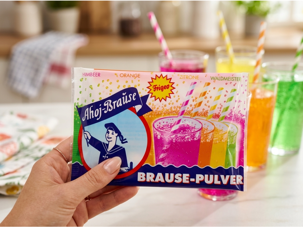Ahoj-Brause šumivý prášek držený v ruce