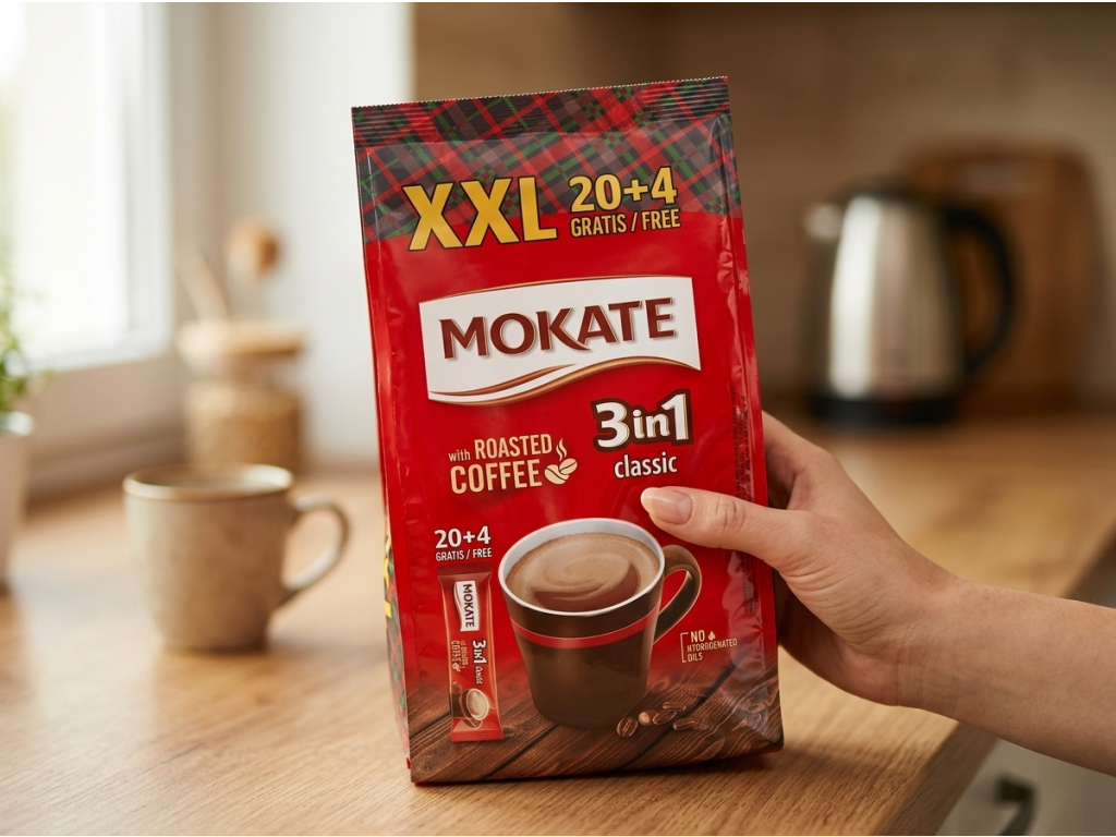 Mokate 3v1 Classic instantní káva držená v ruce