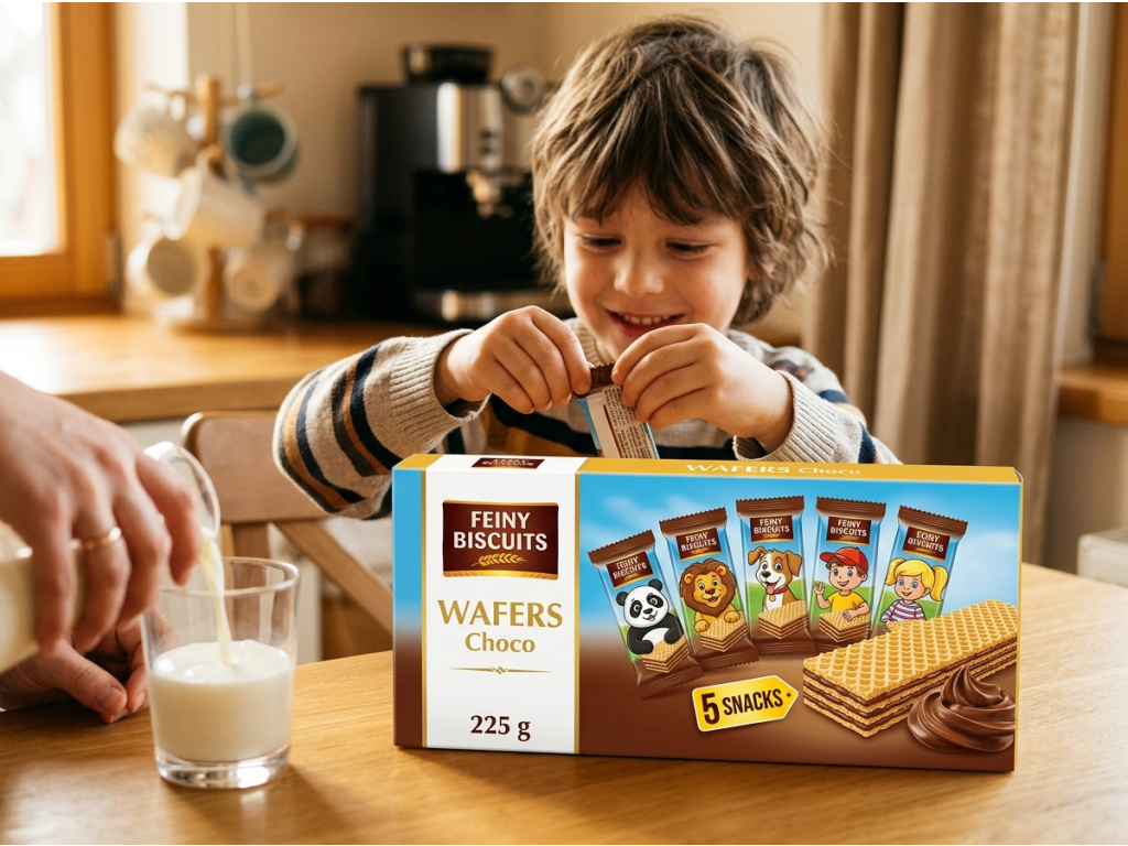 Dítě si pochutnává na oplatce Feiny Biscuits s čokoládovým krémem