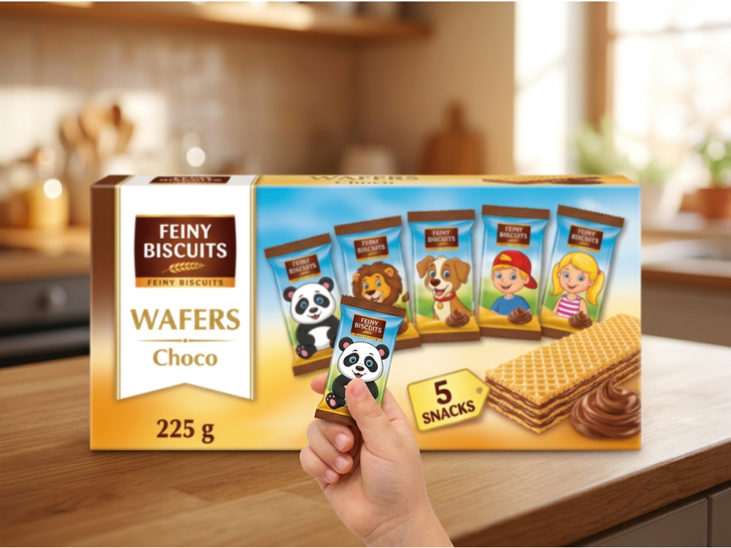 Feiny Biscuits oplatka s čokoládovým krémem držená v ruce