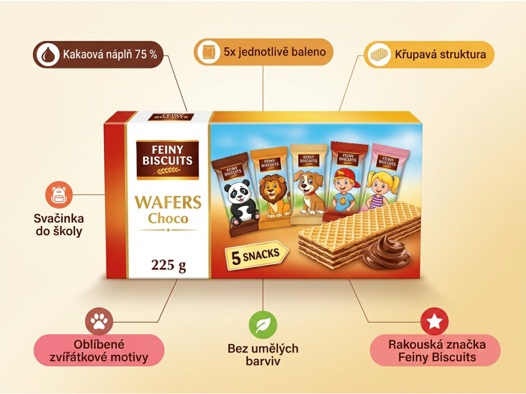 Feiny Biscuits dětské oplatky s čokoládovým krémem - infografika benefitů