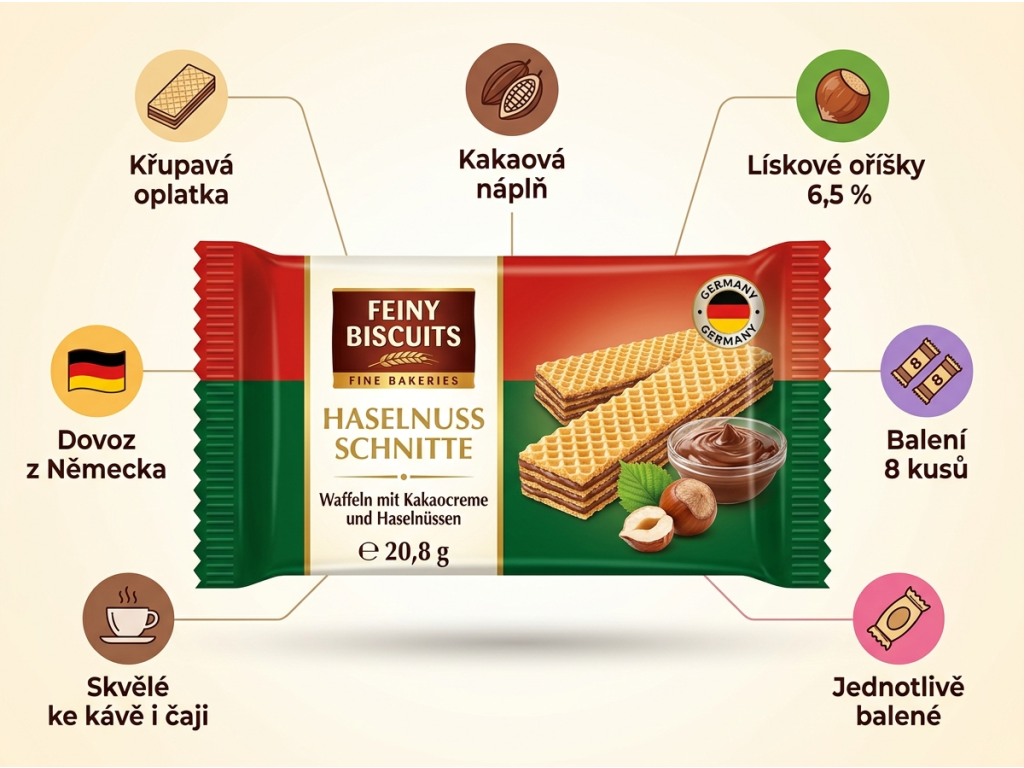 Biscuit Lískooříškové oplatky 8×20,8g - infografika benefitů