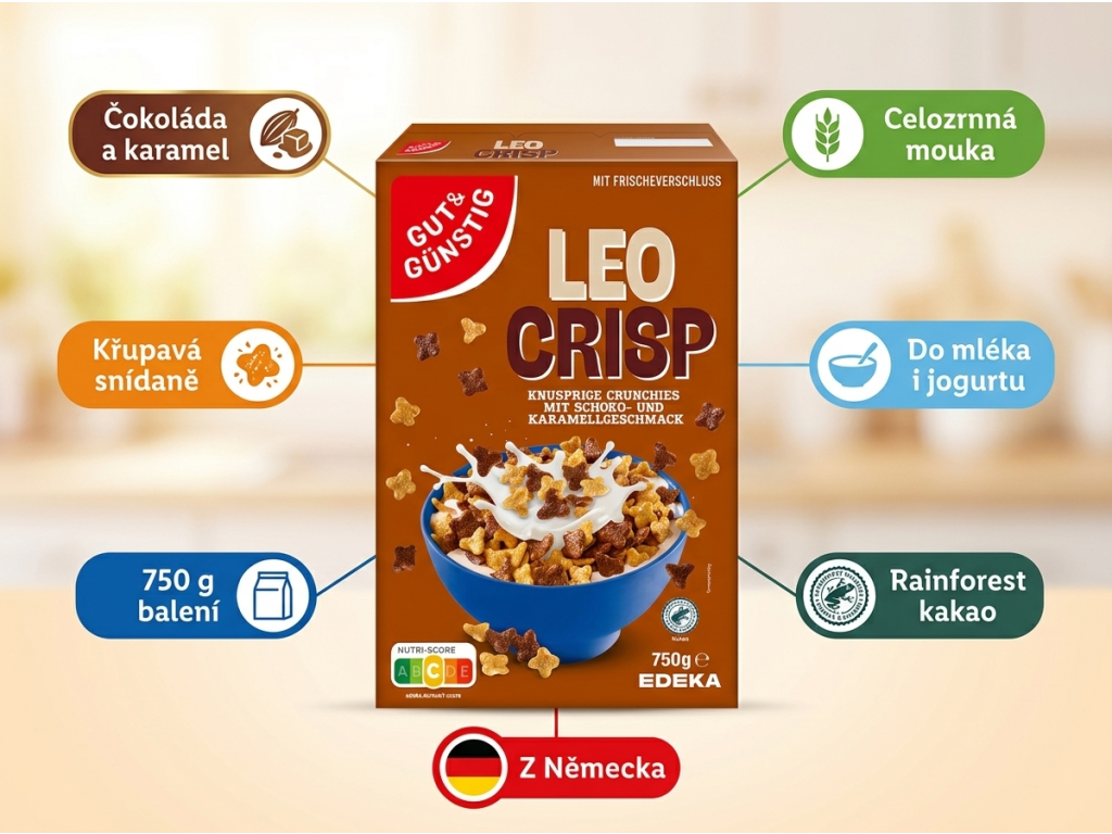 G&G Leo Crisp čokoládové cereálie s karamelem - infografika