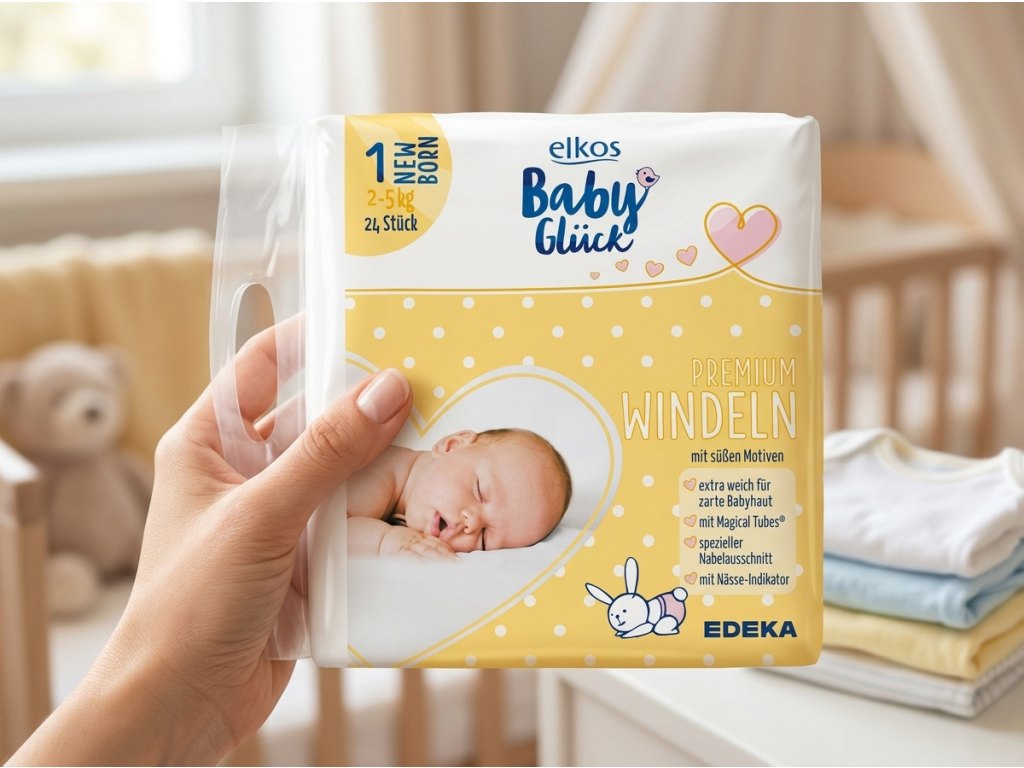 Elkos Premium dětské pleny New Born v ruce