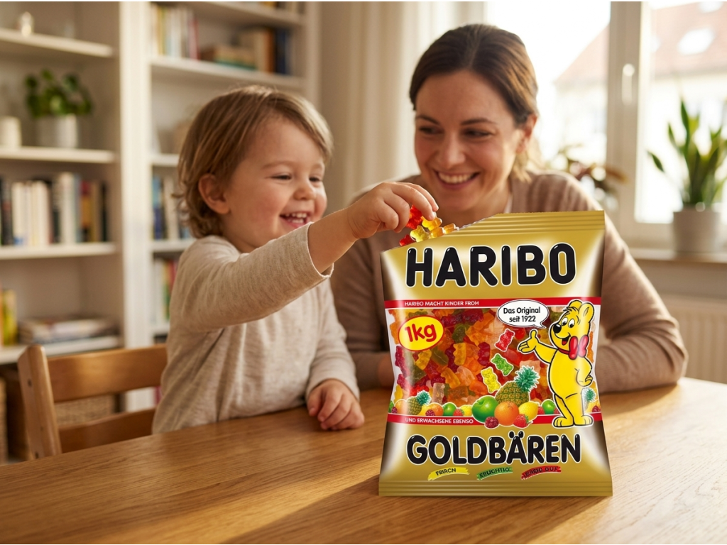 Rodina si pochutnává na Haribo Goldbären
