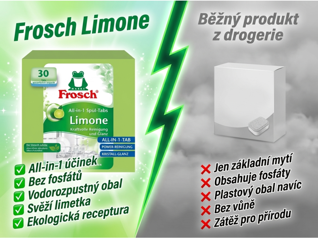 Frosch Tablety do myčky All-in-1 Limetka vs. běžný produkt