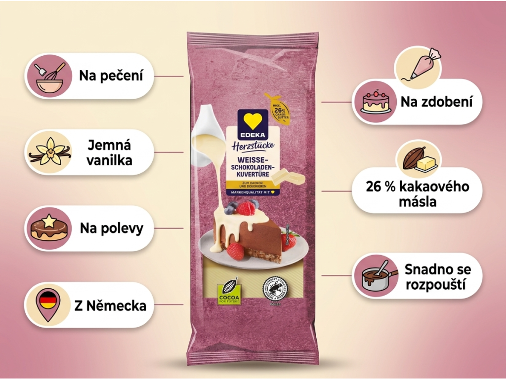 Edeka bílá čokoláda na vaření s vanilkou 200 g - přehled výhod