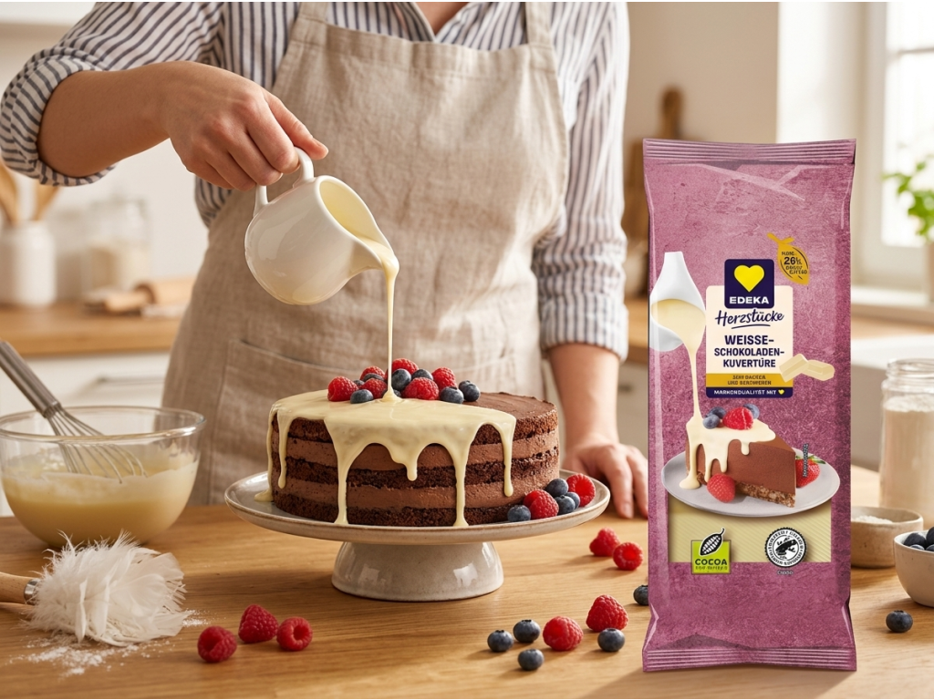 Edeka bílá čokoládová poleva při zdobení dortu