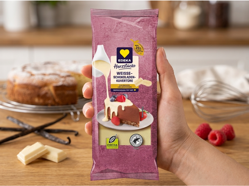 Edeka bílá čokoláda na vaření s vanilkou 200 g v ruce