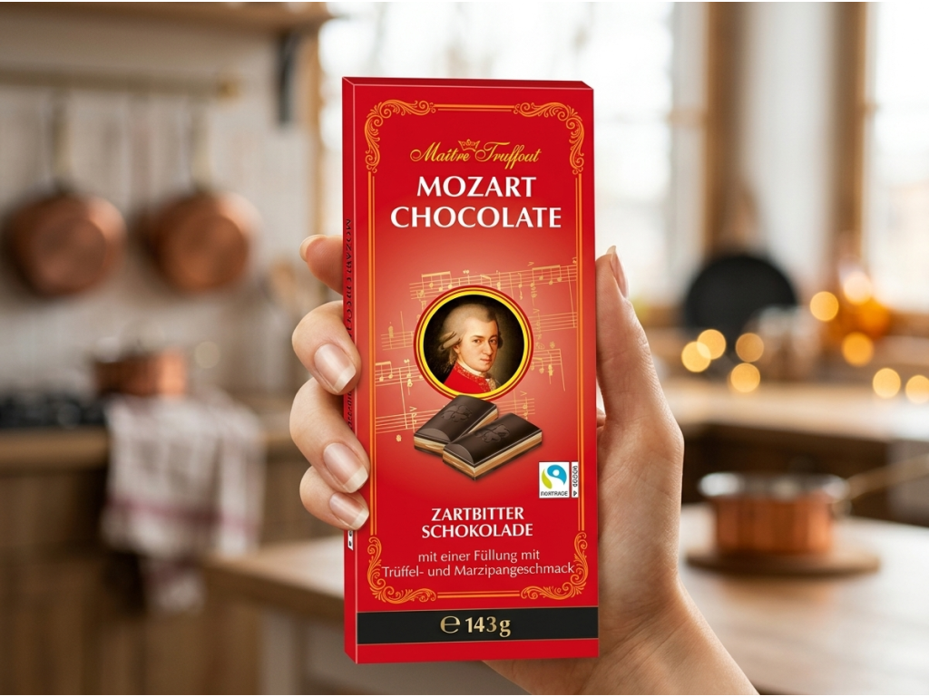 Maitre Truffout Mozartovo čokoláda 143g v ruce