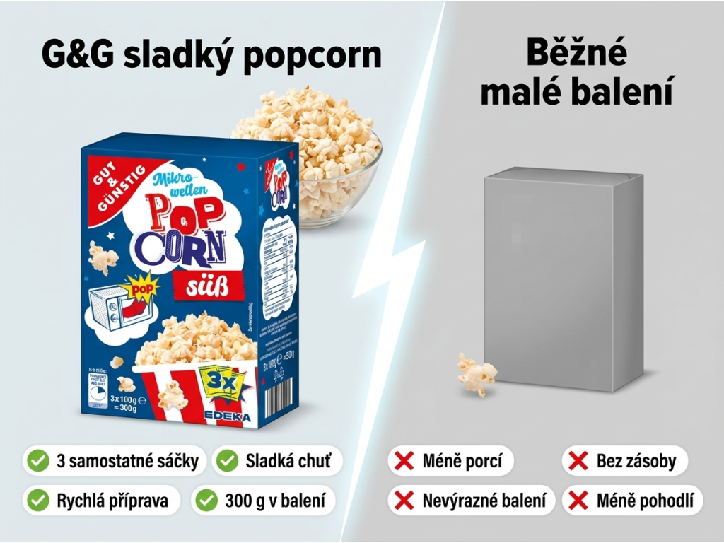 Srovnání G&G sladkého popcornu s běžným balením