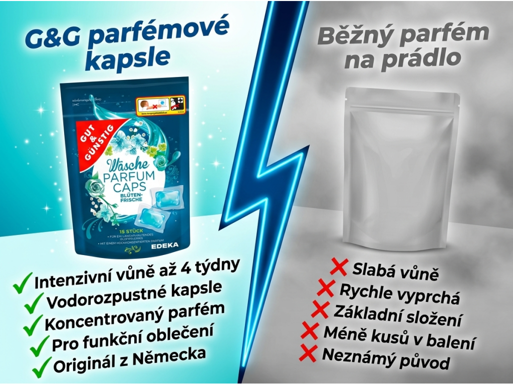 Srovnání G&G parfémových kapslí s běžným provoňovačem prádla