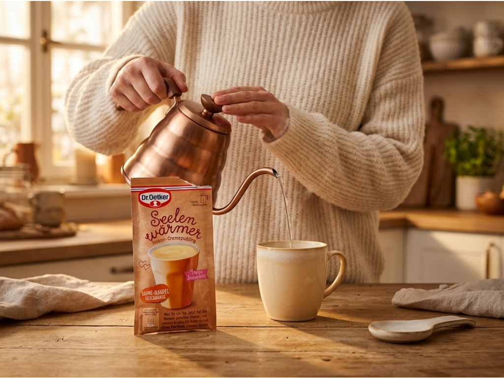 Příprava Dr. Oetker Seelenwärmer smetana-mandle zalitím vroucí vodou