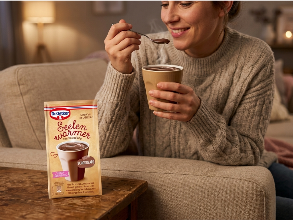 Žena si vychutnává teplý čokoládový pudink Dr. Oetker