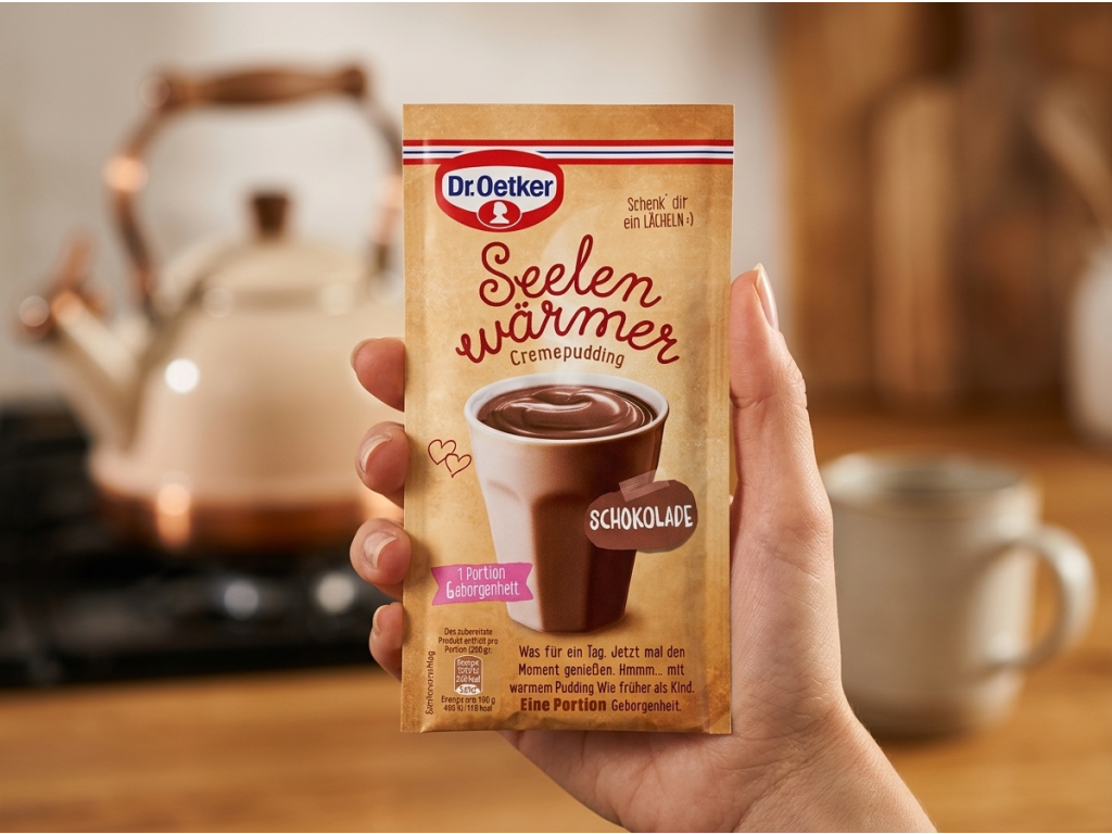 Dr. Oetker čokoládový pudink do hrníčku v ruce