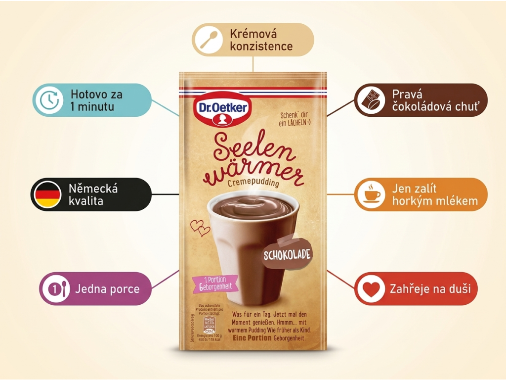 Dr. Oetker instantní pudink do hrníčku čokoláda - přehled výhod