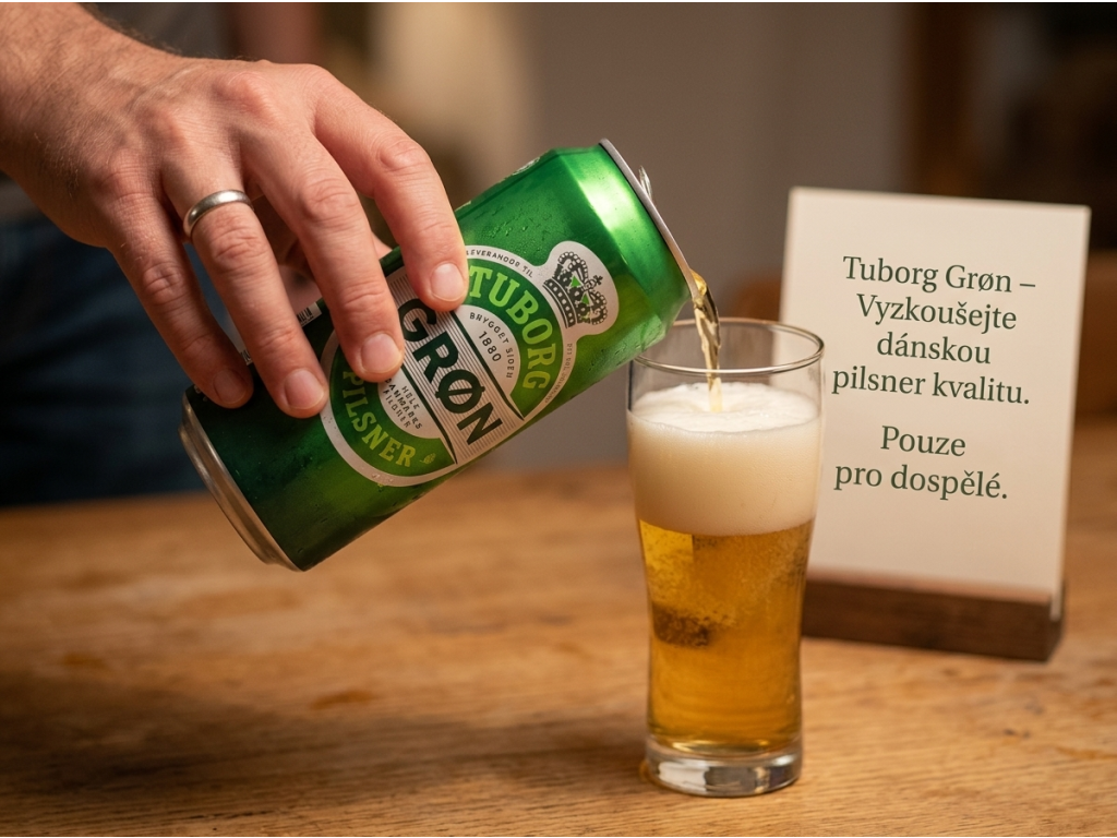 Nalévání piva Tuborg Green do sklenice