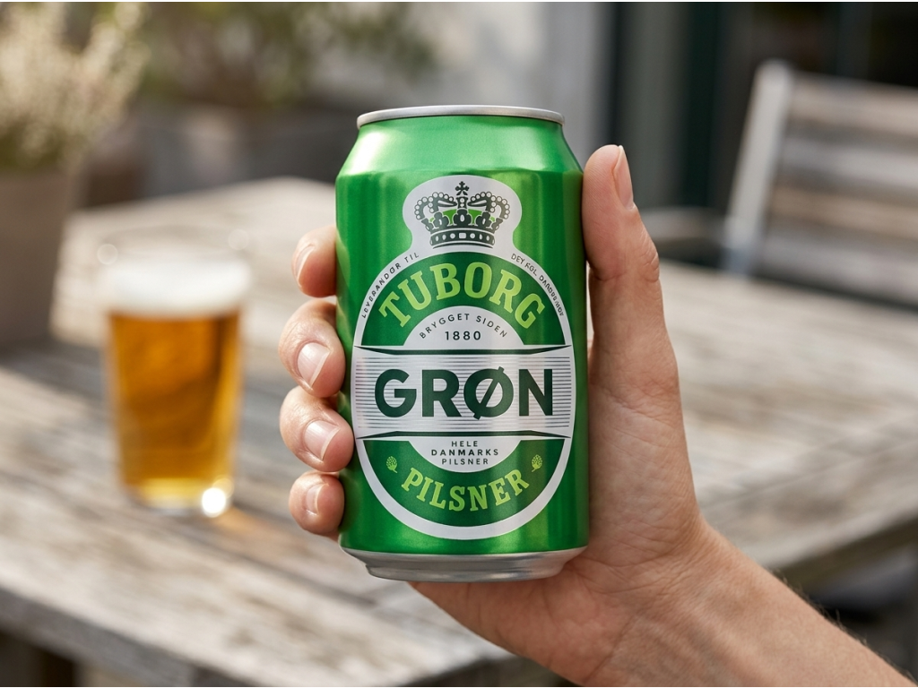 Plechovka Tuborg Green držená v ruce