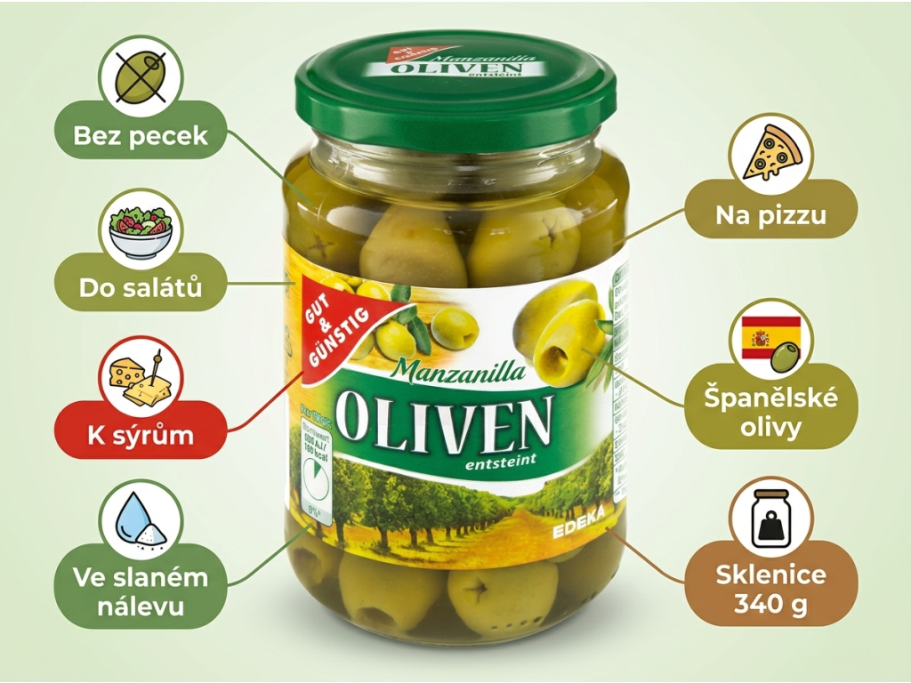G&G zelené olivy vypeckované 340g - infografika výhod