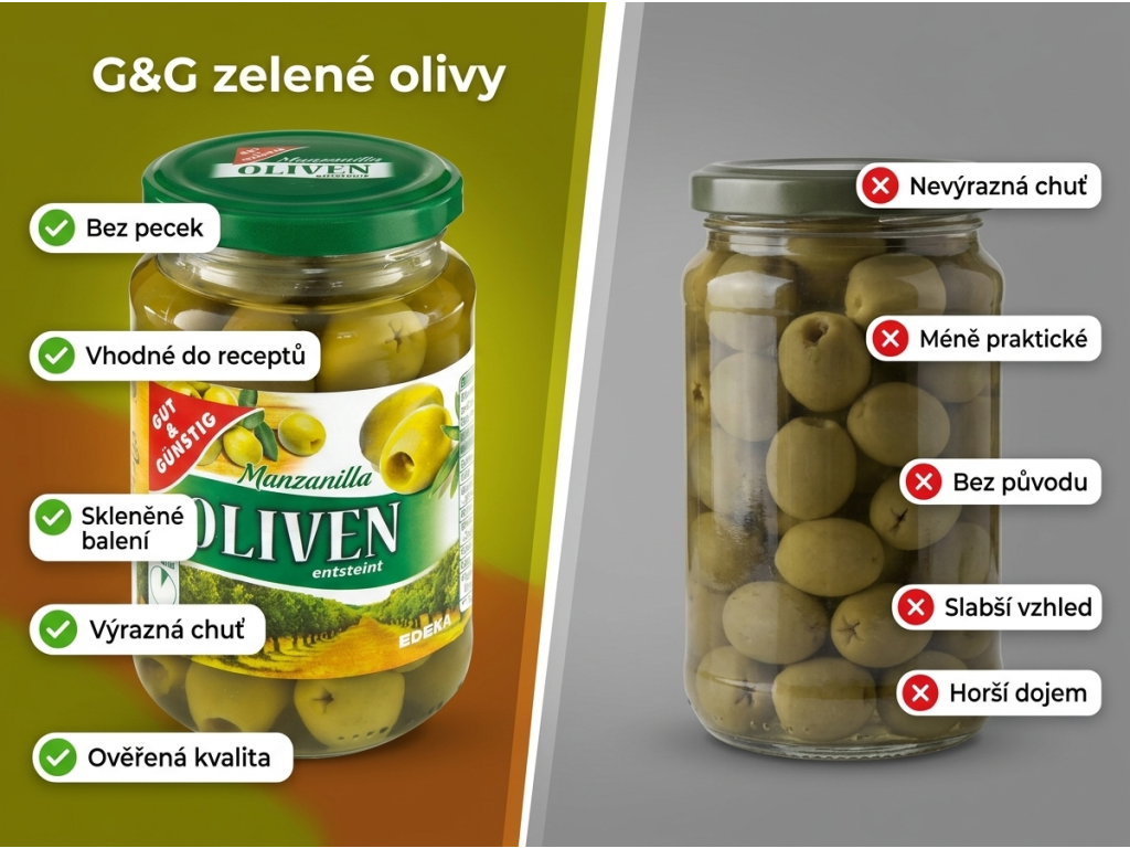 G&G zelené olivy vypeckované 340g - srovnání výhod