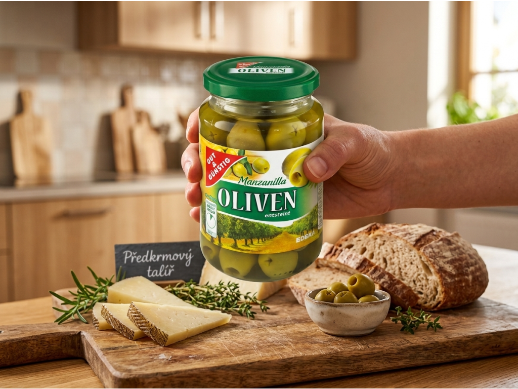 G&G zelené olivy vypeckované 340g - sklenice oliv v ruce