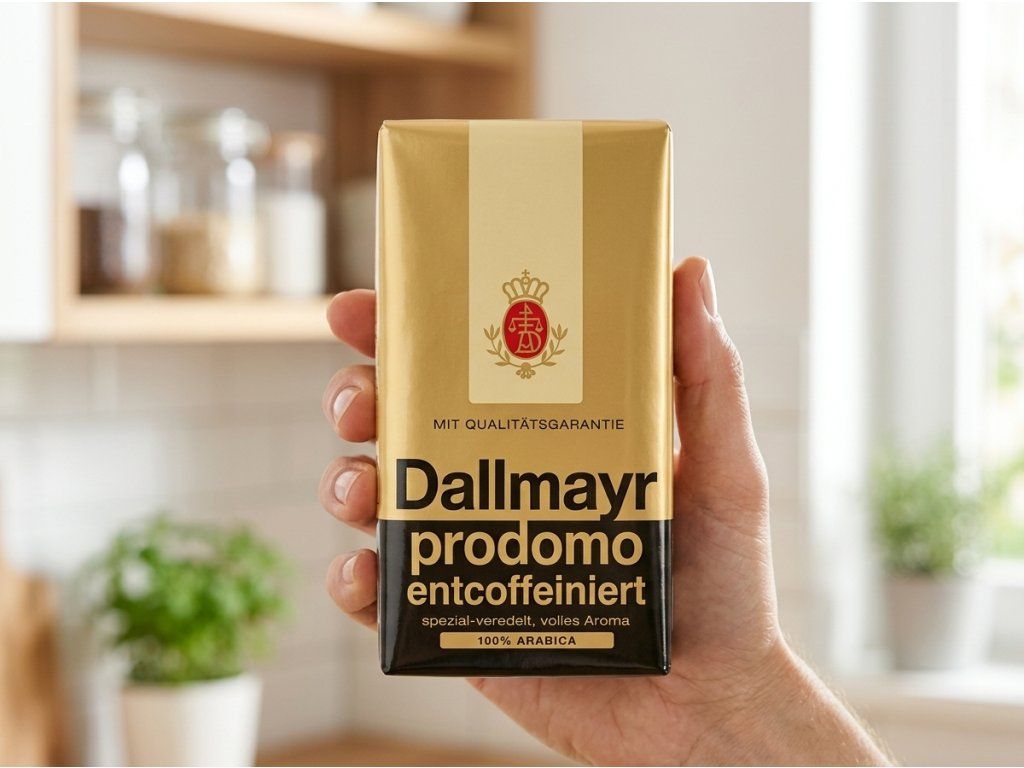Balení Dallmayr Prodomo bez kofeinu 500 g v ruce