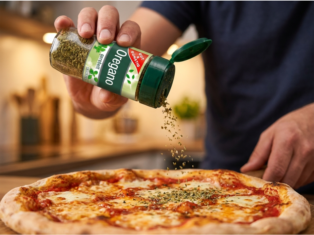 Dochucování domácí pizzy oreganem G&G