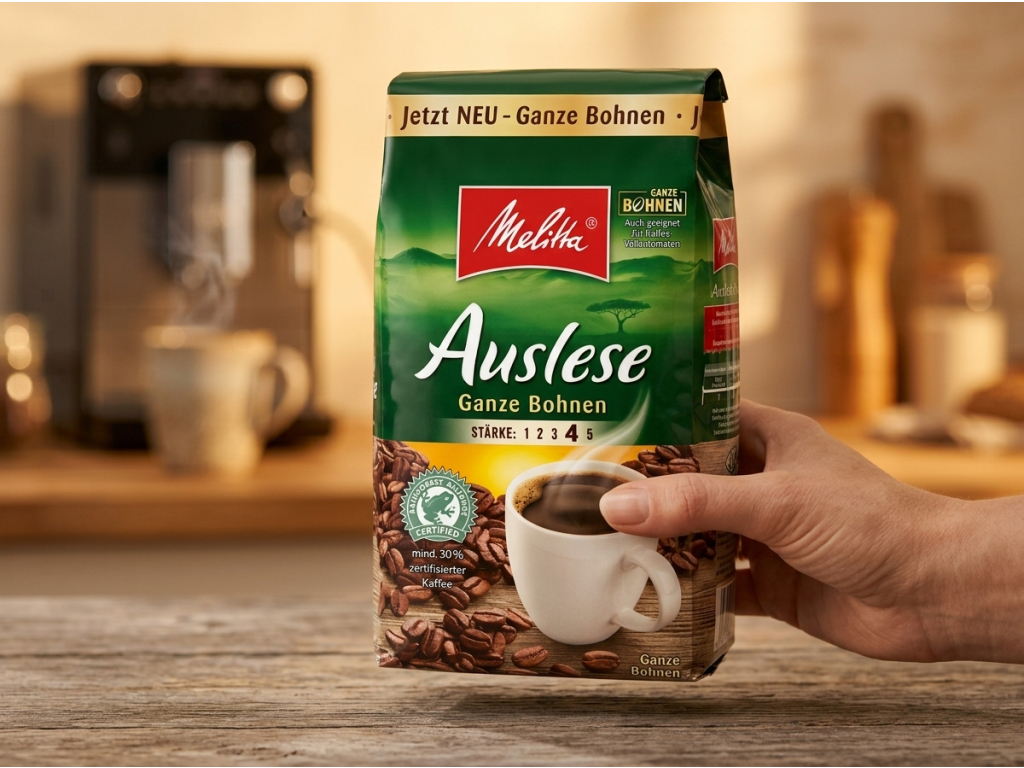 Balení Melitta Auslese zrnkové kávy v ruce