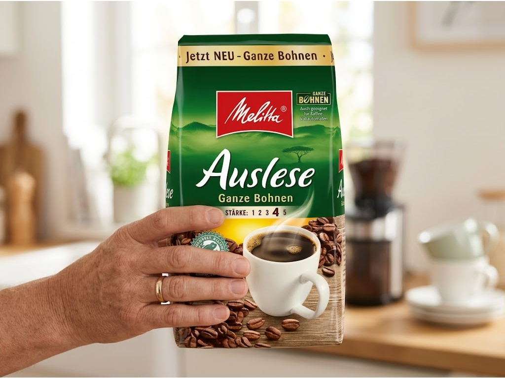 Melitta Auslese zrnková káva 500 g v ruce